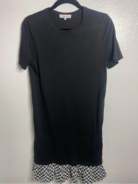 Clu TOO Mixed Media Gingham Ruffle Hem T-Shirt Dress - Black/White XS